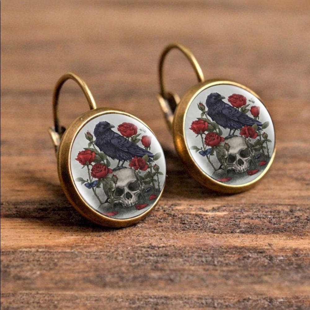 💥RESTOCKED💥Nevermore Raven and Skull Drop Dangle Earrings, Poe - Picture 1 of 2
